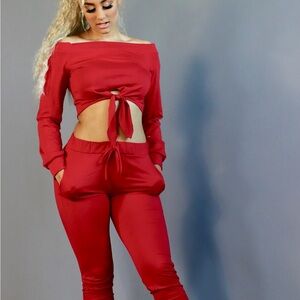 Red Off-Shoulder Tie-Front Jumpsuit